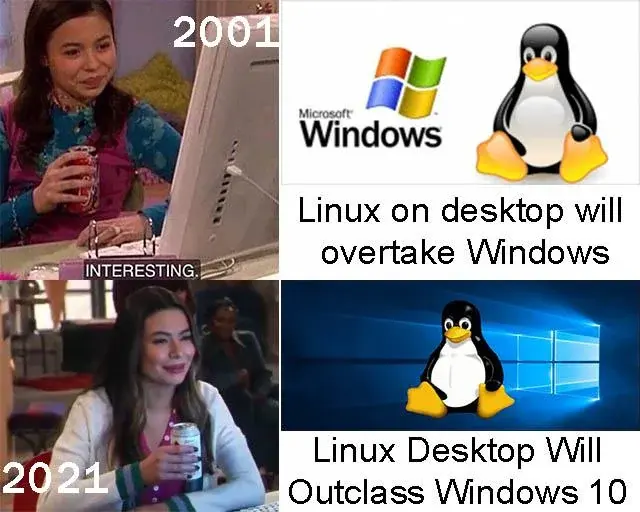 Upper Image: Person saying interesting looking at a message that "In 2001 Linux on desktop will overtake Windows", Lower Image: Person saying interesting looking at a message that "In 2021 Linux Desktop will outclass Windows 10"